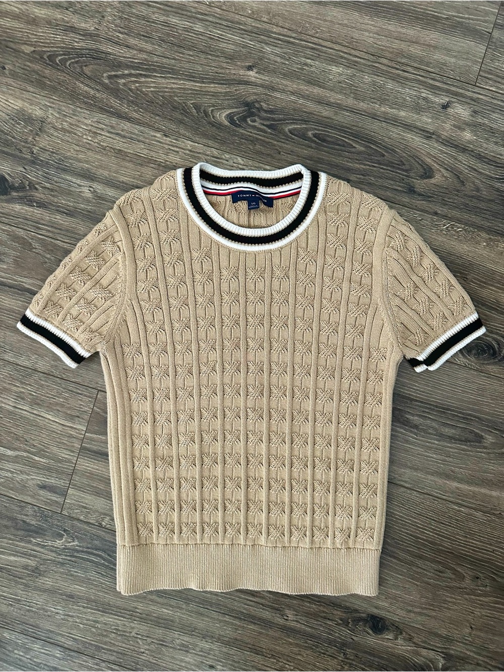 Tommy Hilfiger Beige Cable-Knit Short-Sleeve Crewneck with Contrast Trim